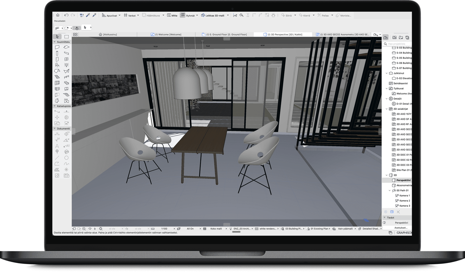 3D BIM view in Archicad showing placed furniture in an interior scene